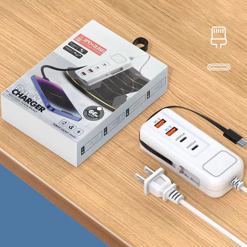 ⏰ Få nu 49% rabatt!⚡ Multifunktionssnabbladdare 2PD + 2USB! 🔌📱 66W, Inbyggd typ-C-kabel, Laddar säkert 4 enheter samtidigt