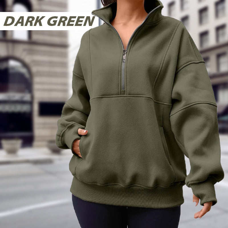 Kvinnors Långärmade Tröjor med Halv Dragkedja och Fickor