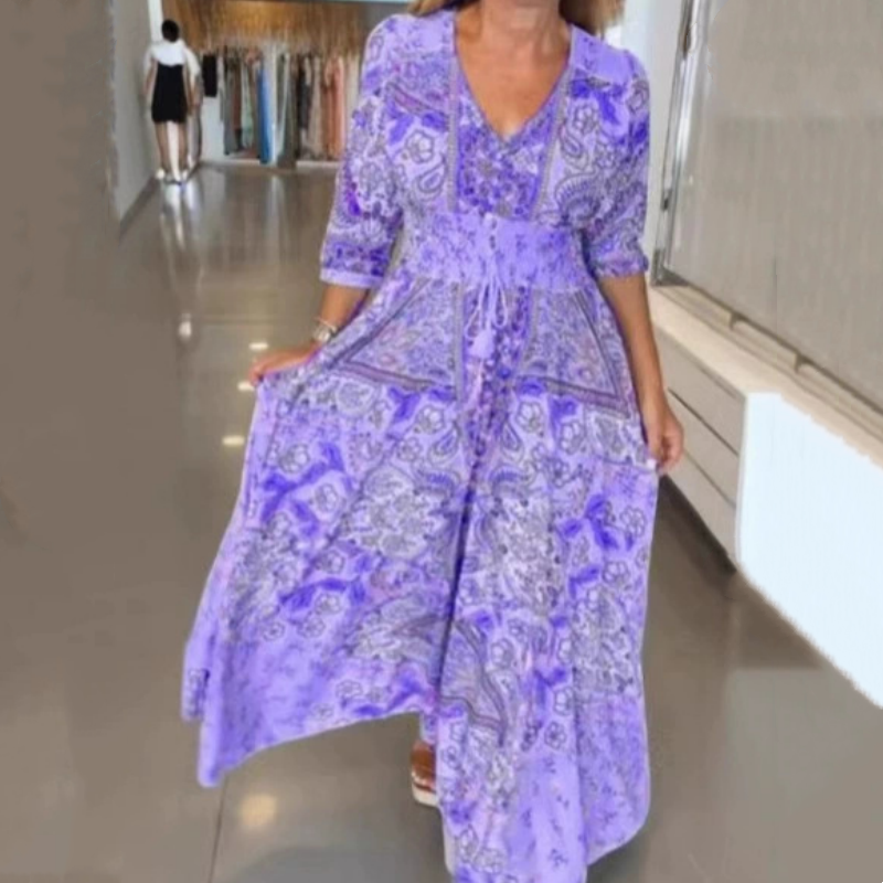 đ„Sommarrea - 50% RABATTđ„ Damers eleganta lĂ„nga klĂ€nning med blomtryck och dragsko