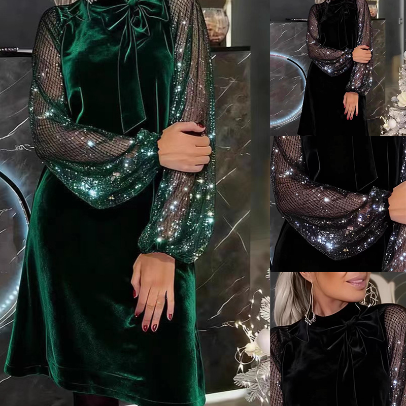 ⏳Begränsad tid 49 %🔥 Rabatt⏰Damklänning med Glitter och Fluga vid Halsen✨👗