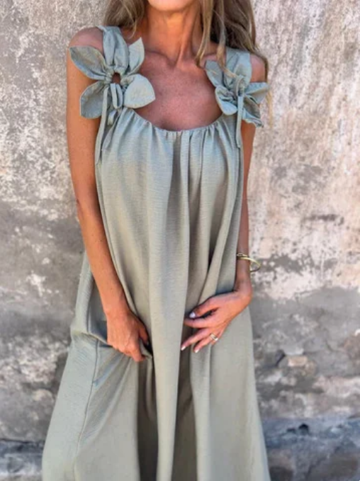 💕Ettfärgad klänning för kvinnor med blommönster och U-formad halsringning