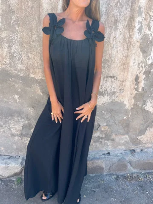 💕Ettfärgad klänning för kvinnor med blommönster och U-formad halsringning