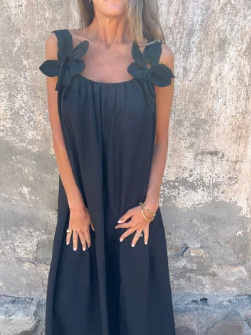 💕Ettfärgad klänning för kvinnor med blommönster och U-formad halsringning