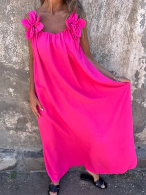 💕Ettfärgad klänning för kvinnor med blommönster och U-formad halsringning