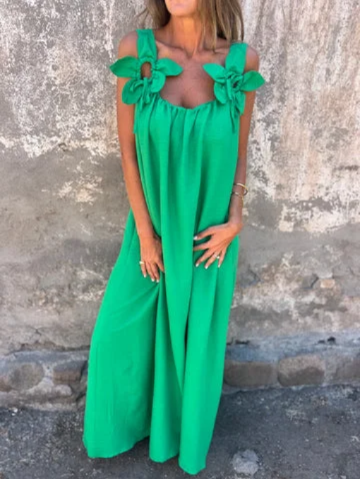 💕Ettfärgad klänning för kvinnor med blommönster och U-formad halsringning