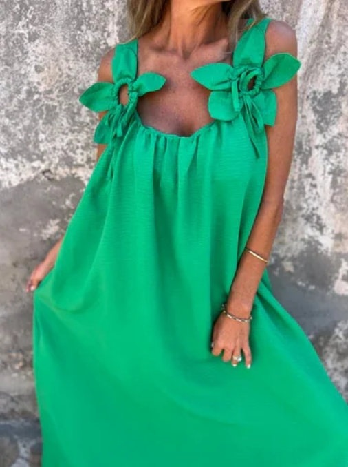 💕Ettfärgad klänning för kvinnor med blommönster och U-formad halsringning