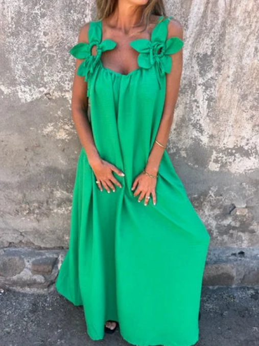 💕Ettfärgad klänning för kvinnor med blommönster och U-formad halsringning