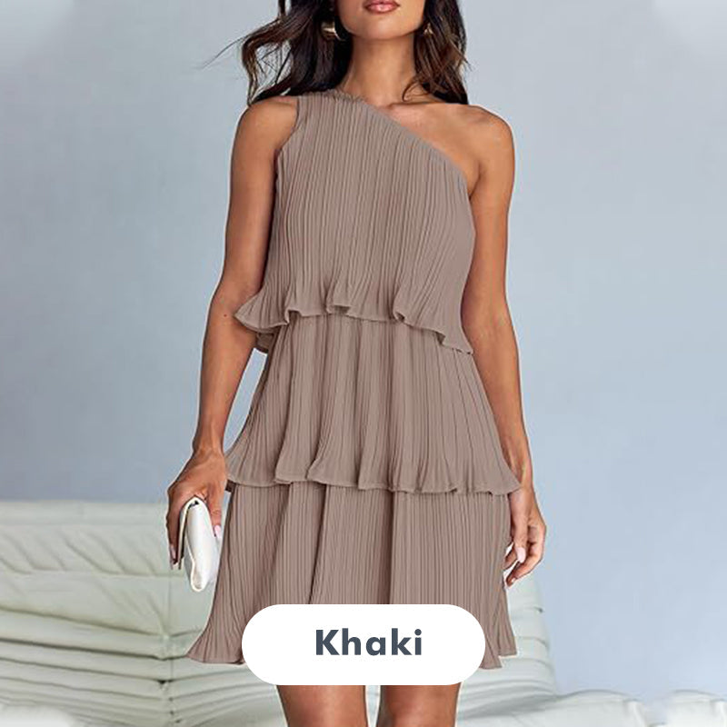 👗49% - rabatt💥-Damklänning med en axel och manschett med volanger och lager