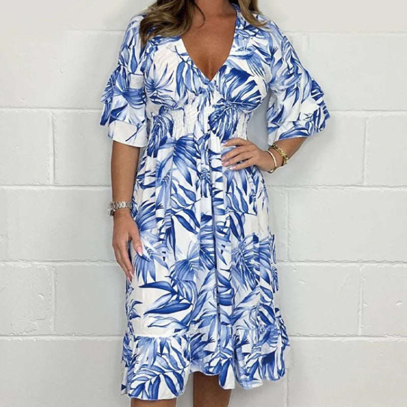 Elegant V-ringad klänning med botaniskt tryck för kvinnor