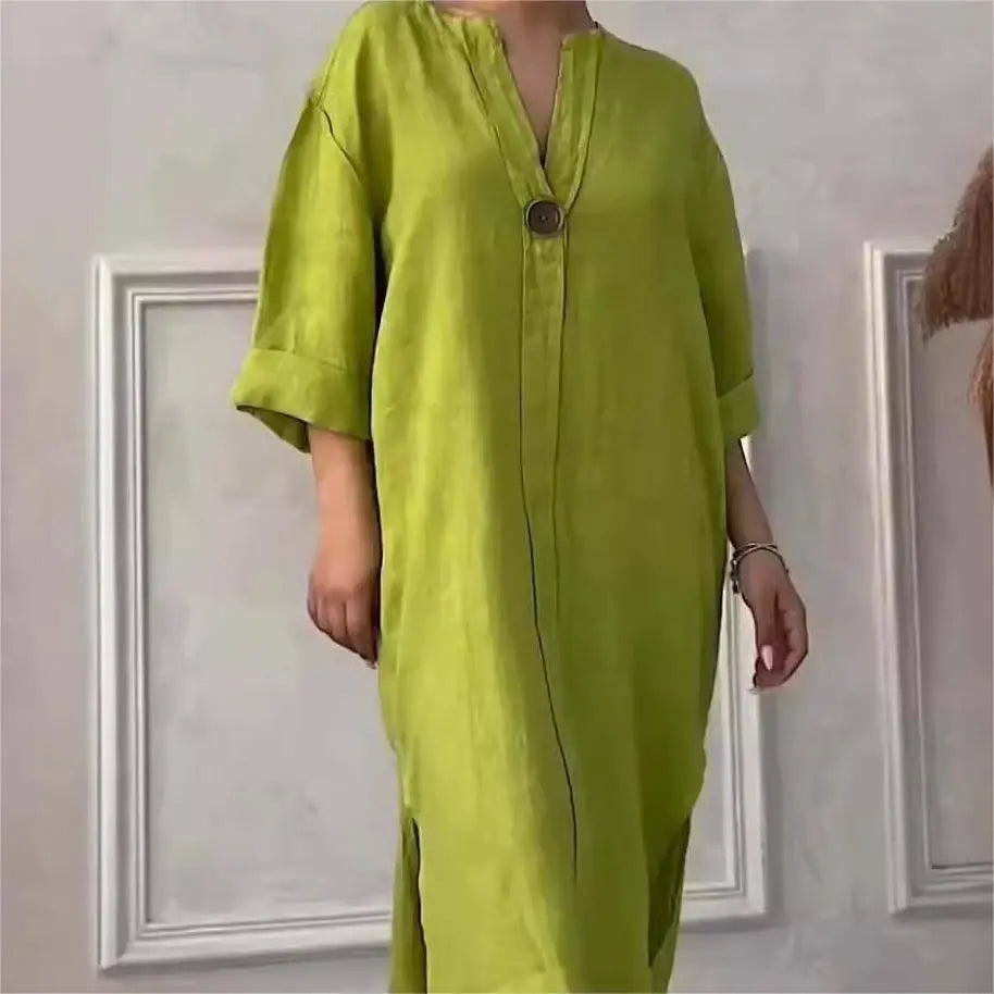 🥰 Avslappnad och ventilerande V-ringad enfärgad klänning