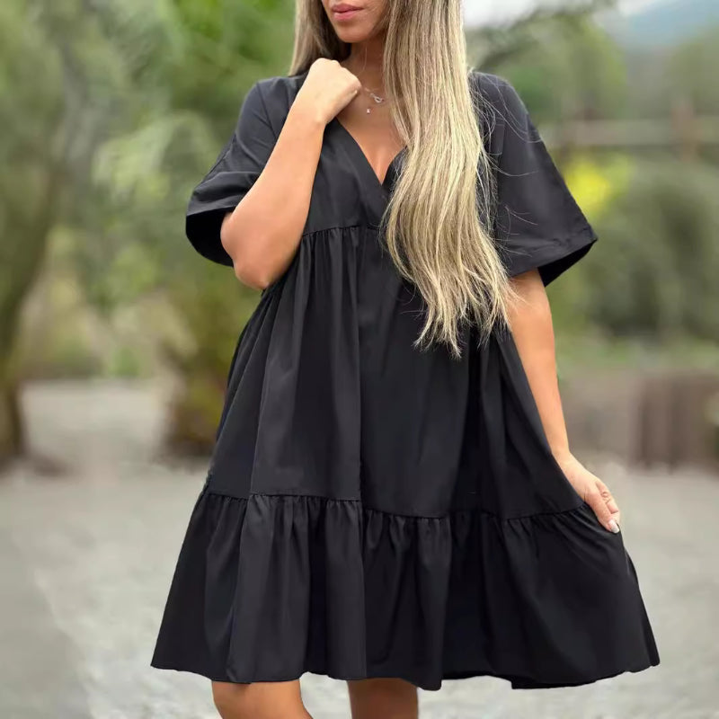 🌷BEGRÄNSAD TID ERBJUDANDE 50% RABATT🌷V Hals Ruffle Hem Babydoll Klänning