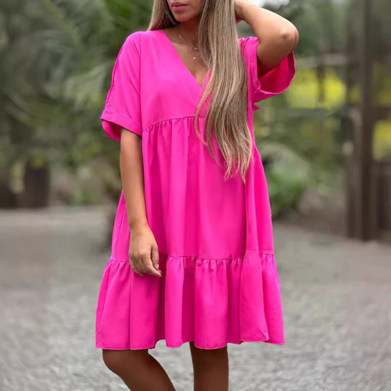🌷BEGRÄNSAD TID ERBJUDANDE 50% RABATT🌷V Hals Ruffle Hem Babydoll Klänning