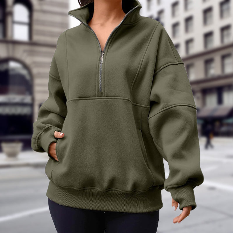 Kvinnors Långärmade Tröjor med Halv Dragkedja och Fickor