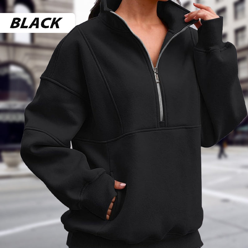 Kvinnors Långärmade Tröjor med Halv Dragkedja och Fickor