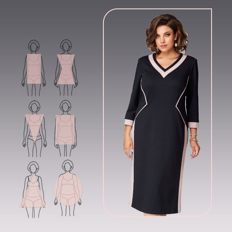 3/4 ärm V-hals färgblockad klänning