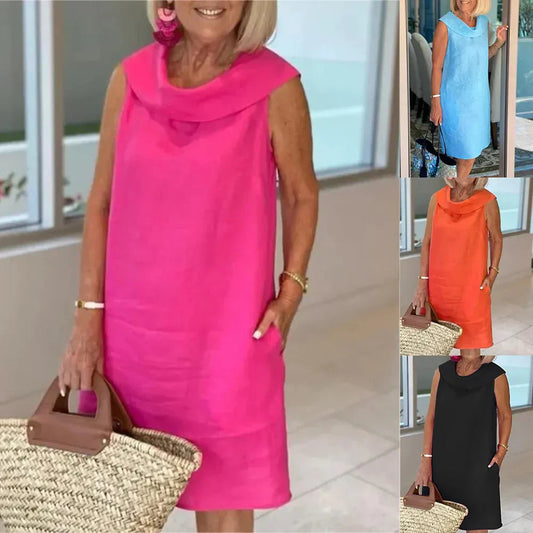 2025 Sommar bomull linne mode stående krage klänningar