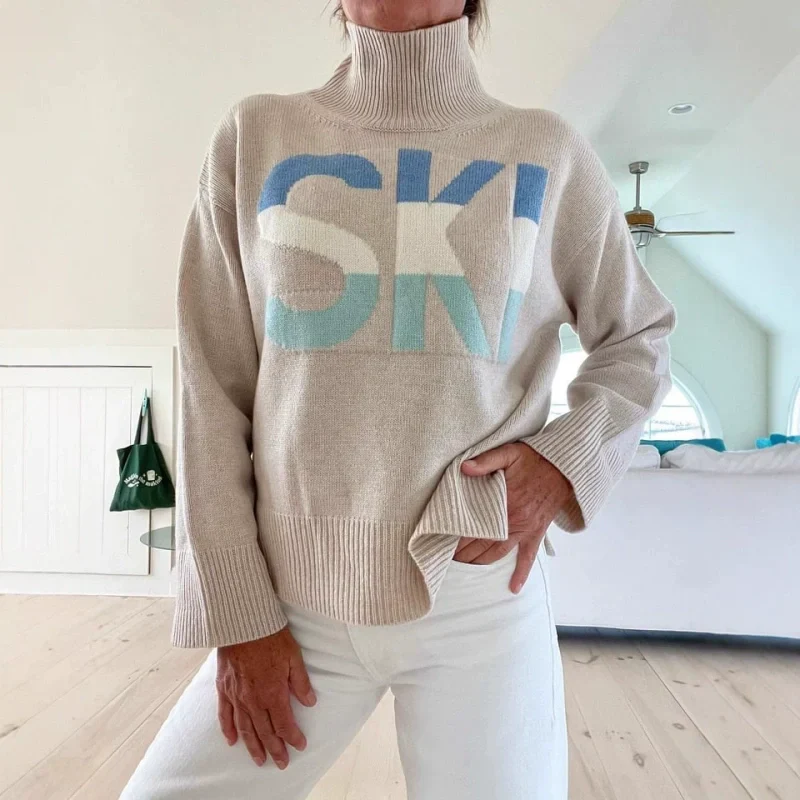 Women's Cozy Turtleneck Letter Pullover Sweater
