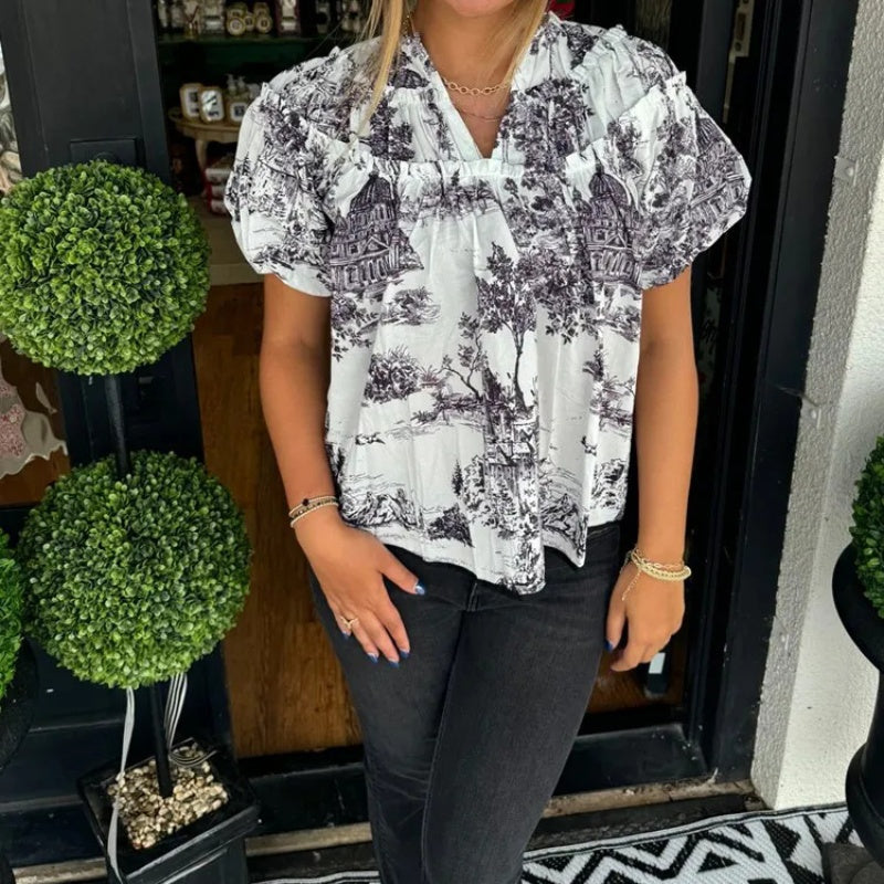 V-ringad blus med tryck för kvinnor