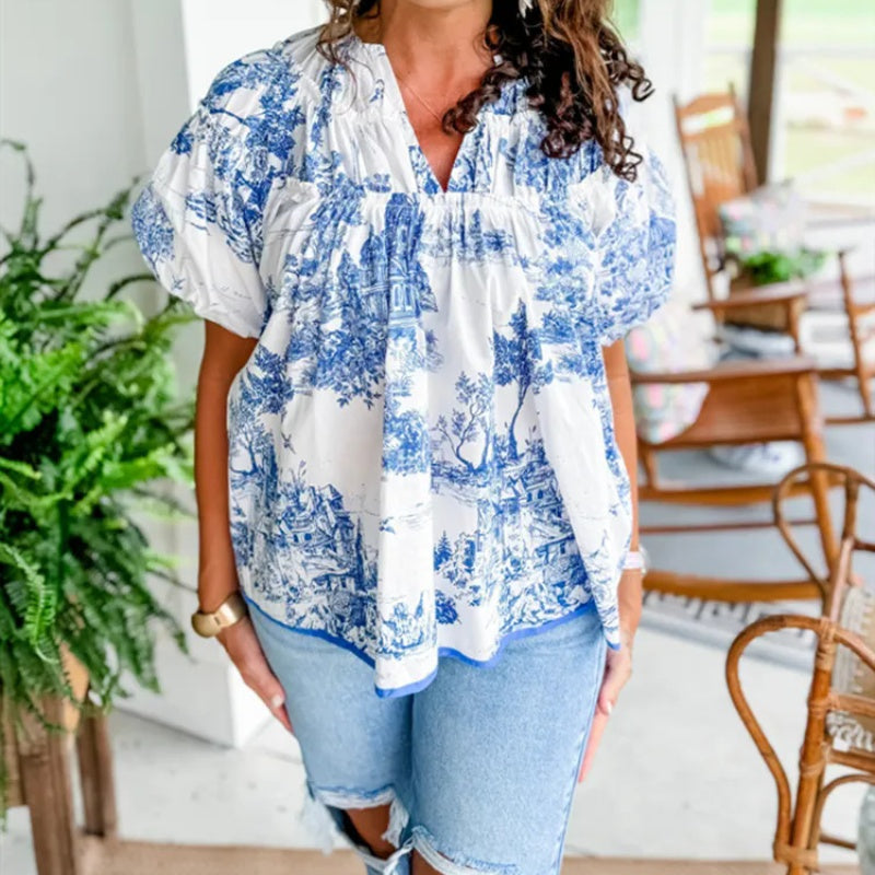 V-ringad blus med tryck för kvinnor