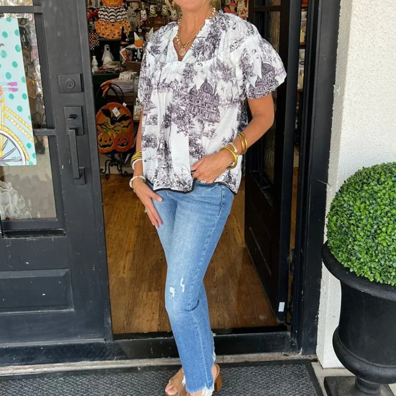 V-ringad blus med tryck för kvinnor