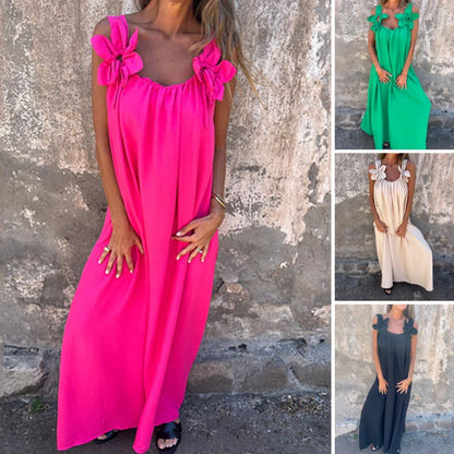 💕Ettfärgad klänning för kvinnor med blommönster och U-formad halsringning