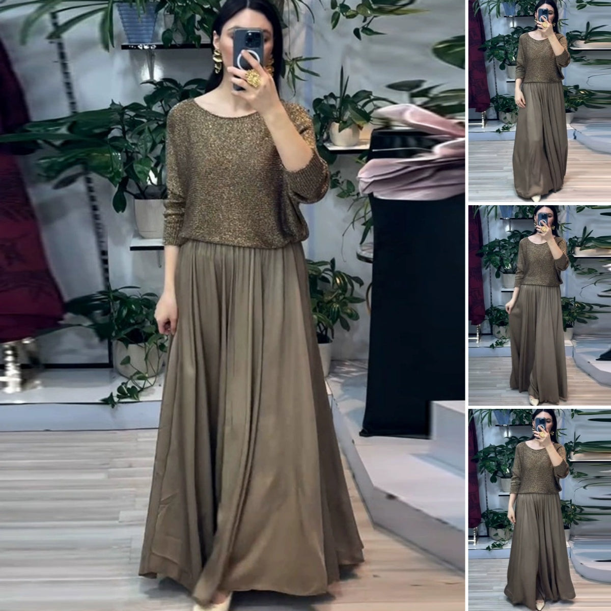 2-delat set med maxikjol i guld för kvinnor