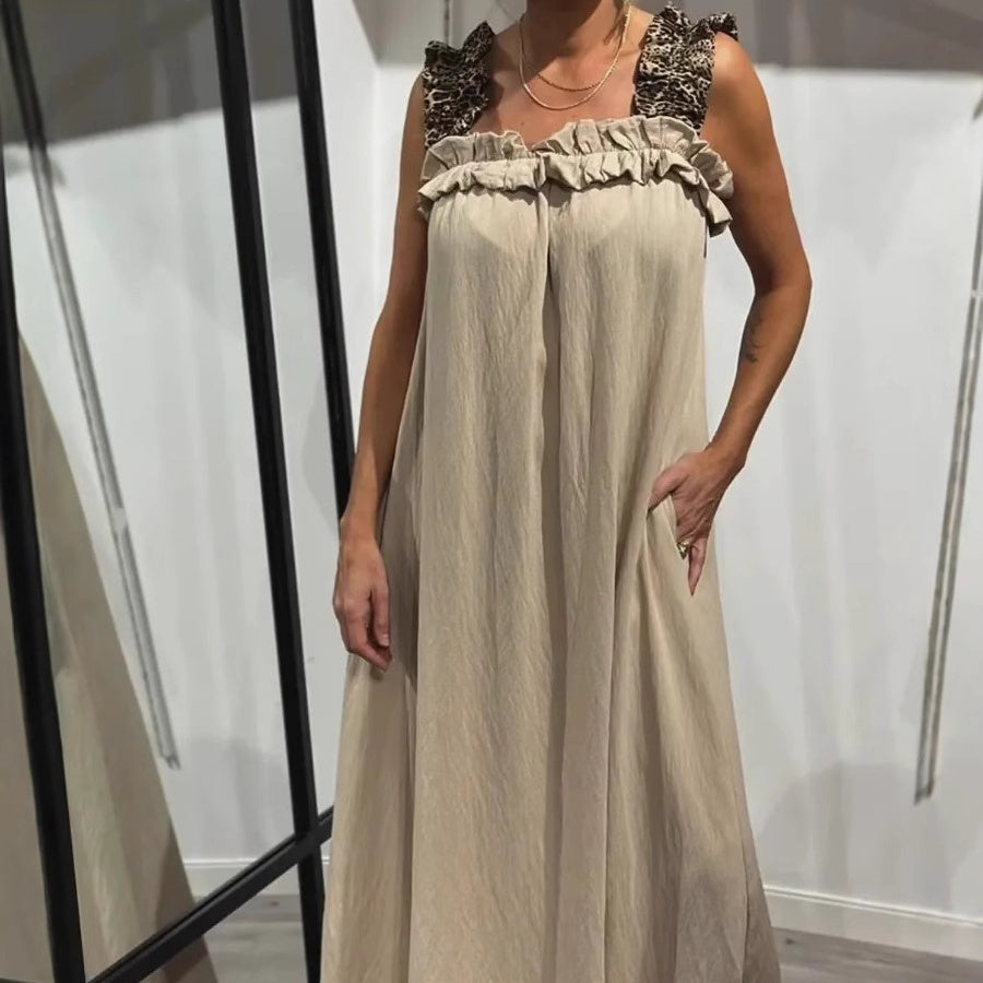 Avslappnad ärmlös maxiklänning med fickor för kvinnor