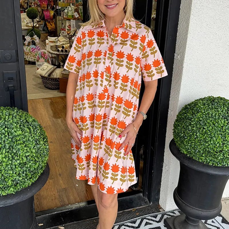 Kortärmad klänning med vintage blommönster för kvinnor