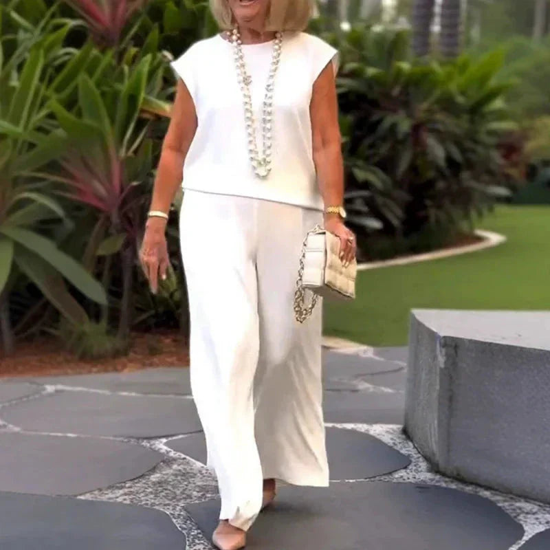 💖Ärmlös topp och byxor i bomullslinne för dam