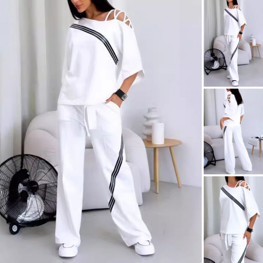 Randiga kortärmade toppar för kvinnor ＆ Byxor Tvådelat set