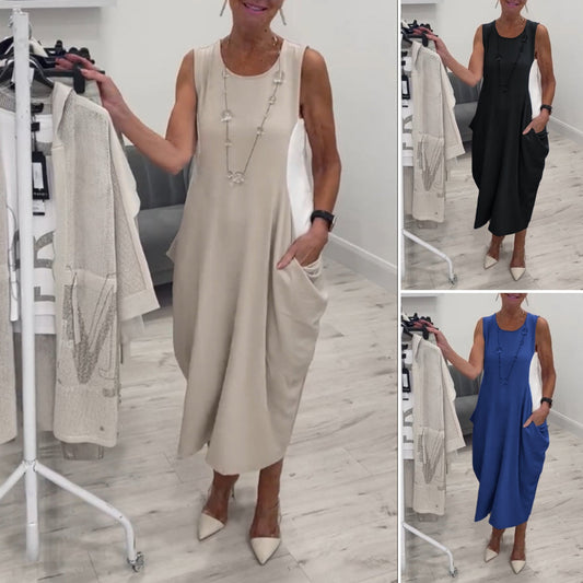 Enkel Klänning med Fickor och Ärmlös