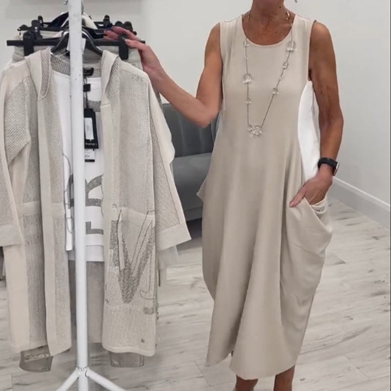 Enkel Klänning med Fickor och Ärmlös