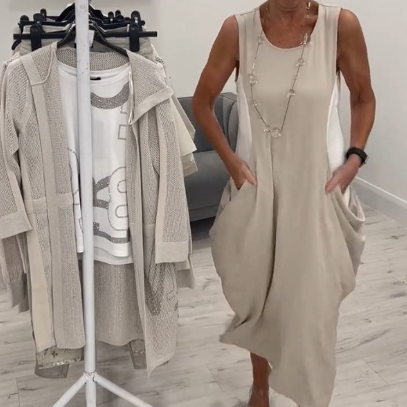 Enkel Klänning med Fickor och Ärmlös