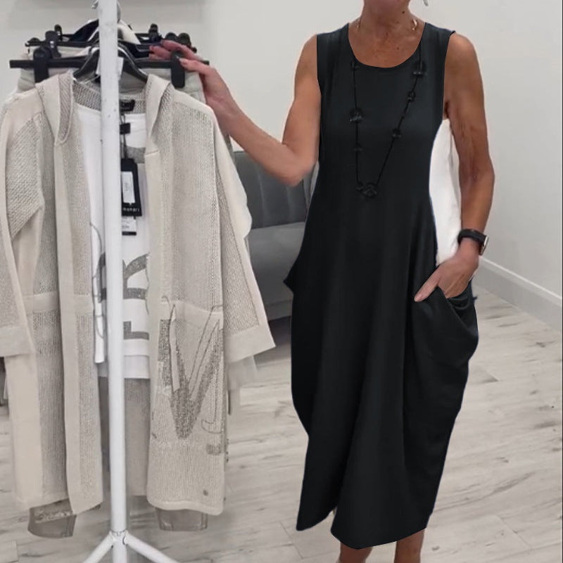 Enkel Klänning med Fickor och Ärmlös