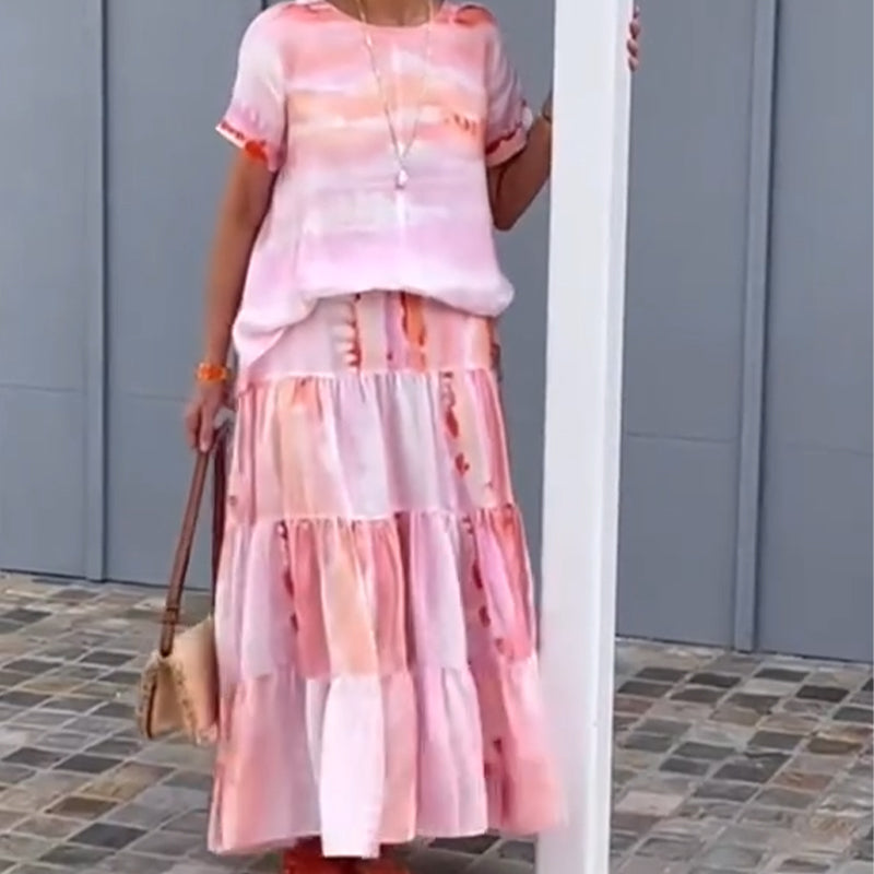 Topp med rund hals & kjol med hög midja 2-PCS Set för kvinnor