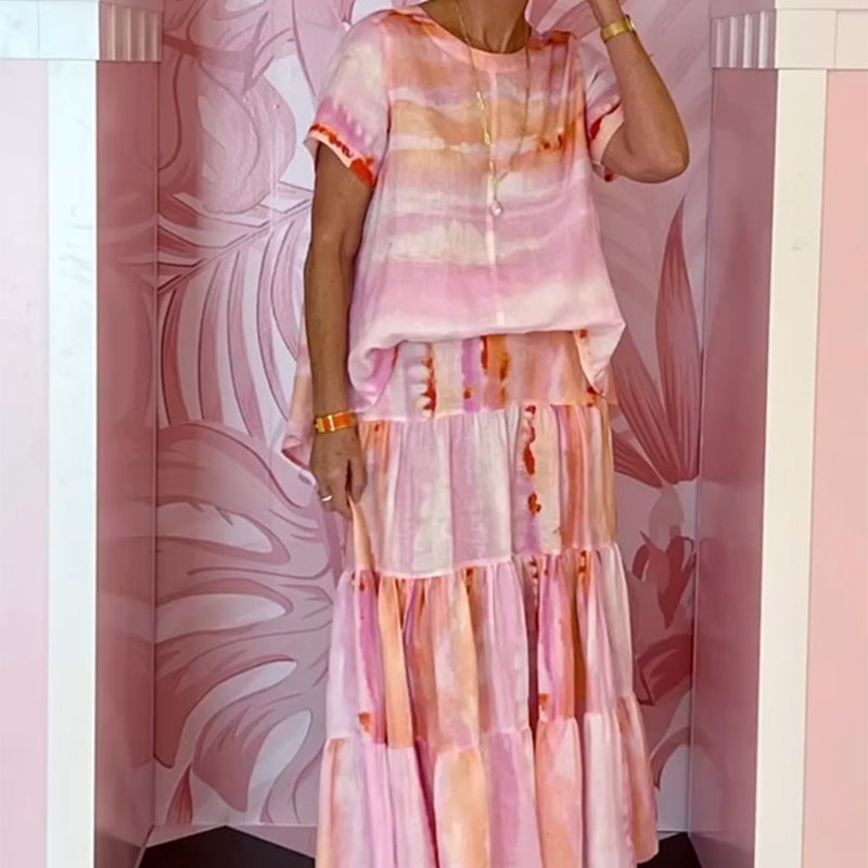 Topp med rund hals & kjol med hög midja 2-PCS Set för kvinnor