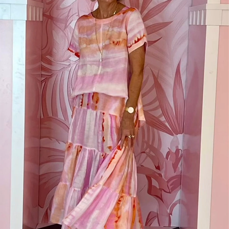 Topp med rund hals & kjol med hög midja 2-PCS Set för kvinnor