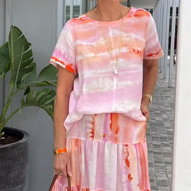 Topp med rund hals & kjol med hög midja 2-PCS Set för kvinnor