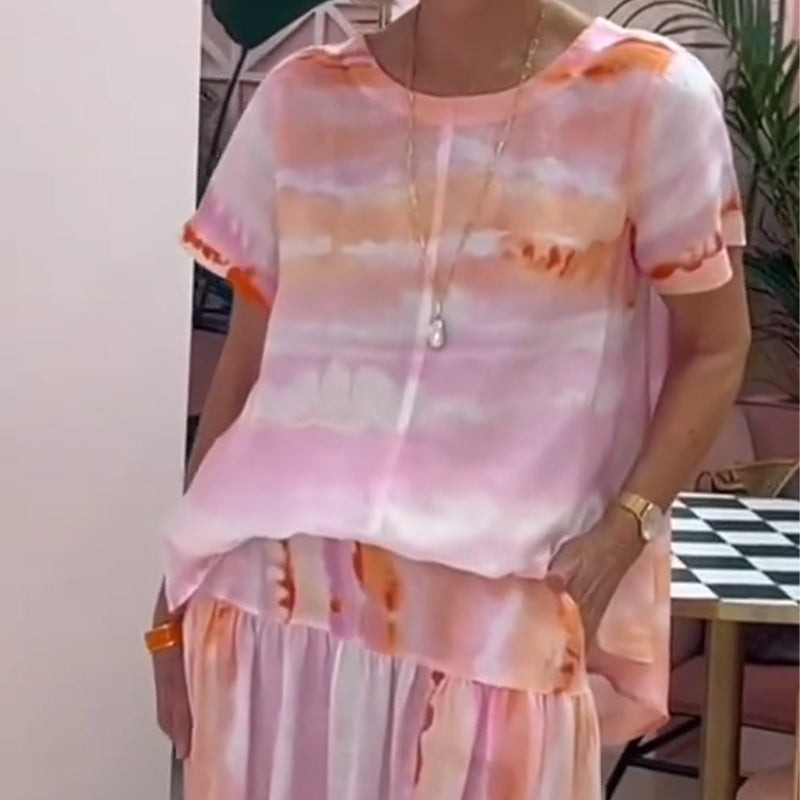 Topp med rund hals & kjol med hög midja 2-PCS Set för kvinnor