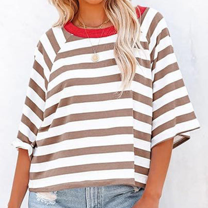 Women's Round Neck Striped Short Sleeve Casual Top