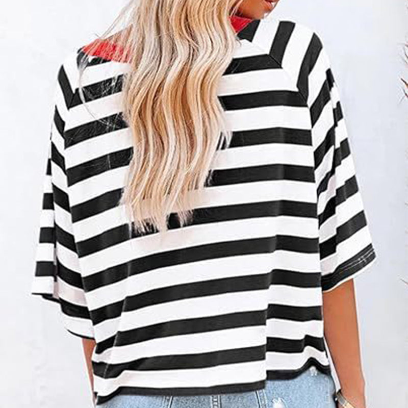 Women's Round Neck Striped Short Sleeve Casual Top
