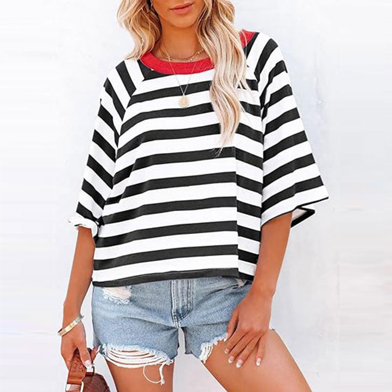 Women's Round Neck Striped Short Sleeve Casual Top
