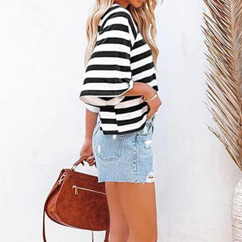 Women's Round Neck Striped Short Sleeve Casual Top