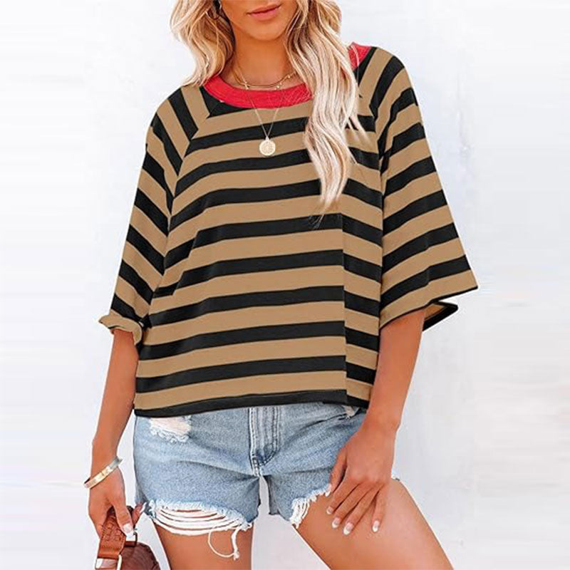 Women's Round Neck Striped Short Sleeve Casual Top
