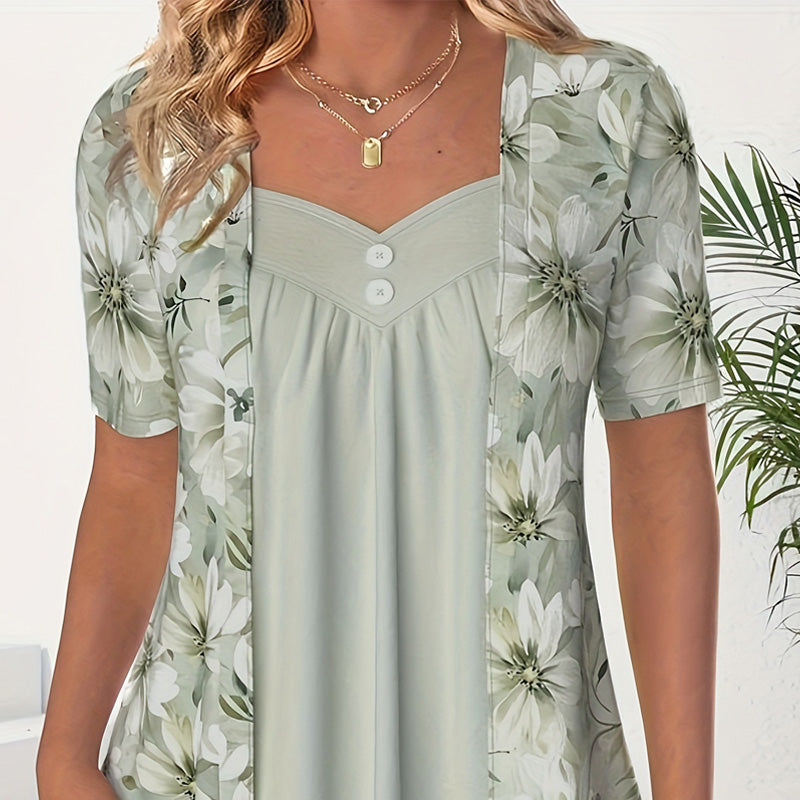 Oregelbunden blommig patchworktopp för kvinnor