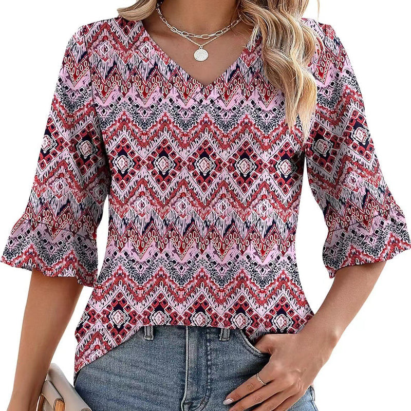 Elegant volang ärm V-ringning toppar för kvinnor