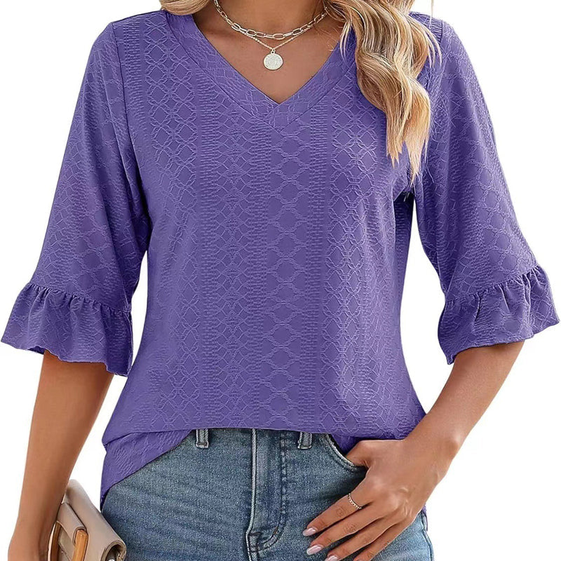 Elegant volang ärm V-ringning toppar för kvinnor