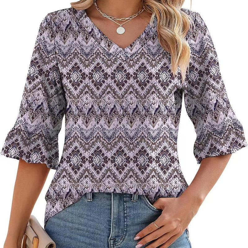 Elegant volang ärm V-ringning toppar för kvinnor