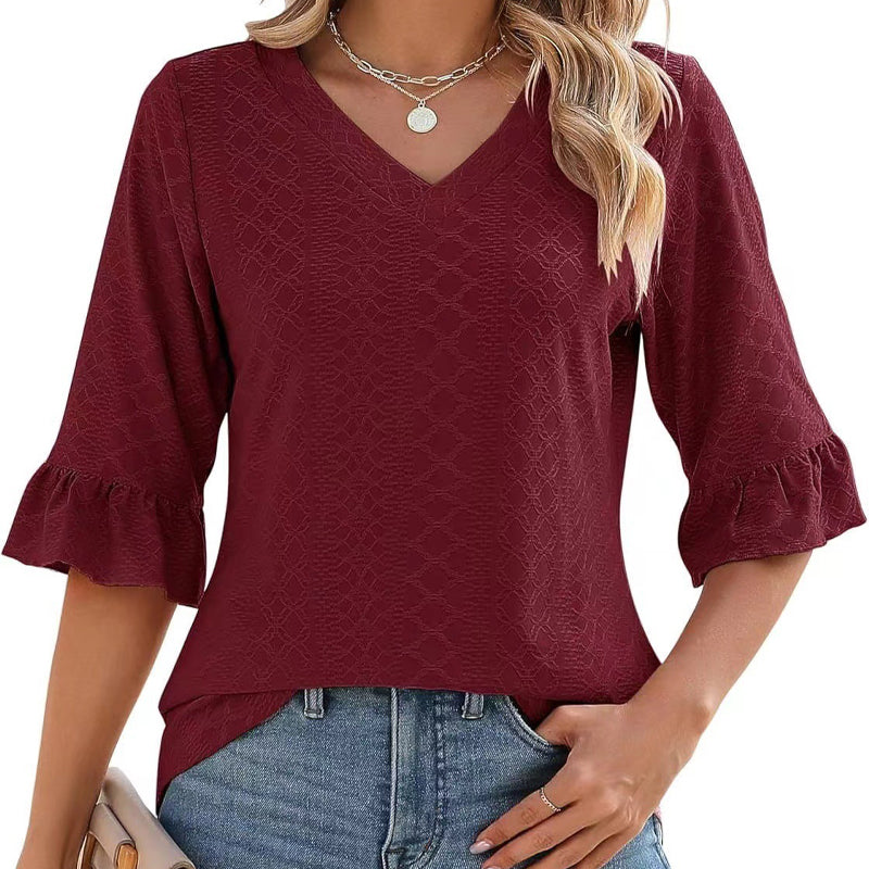 Elegant volang ärm V-ringning toppar för kvinnor