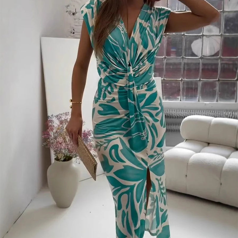 🌺 2025 Sommar nyanlända 👗Ärmlös tryckt klänning med slits✨